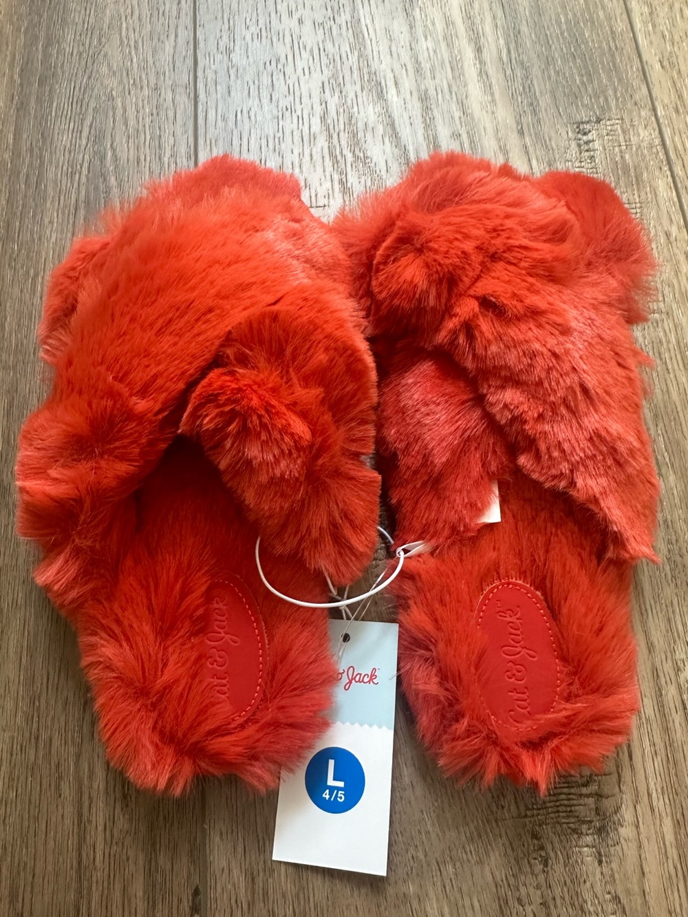 NWT! Cat & Jack Kid’s Slide Slippers, Criss Cross, Red/Orange, Faux Fur, L 4/5